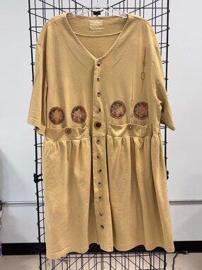 Vintage Blue Fish Hand Painted Organic Cotton Tan Dress Size 0